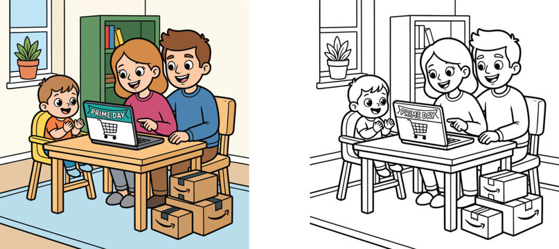 Happy Family Shopping Online Together on Laptop During Prime Day Sale Event with Delivery Boxes and Coloring Page Version Side by Side Vector Illustration