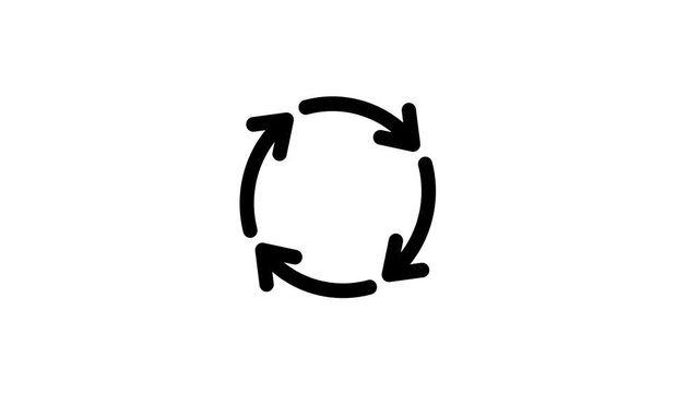 Animated four black arrows rotating in a circle pattern. Circular loop motion graphics on white background