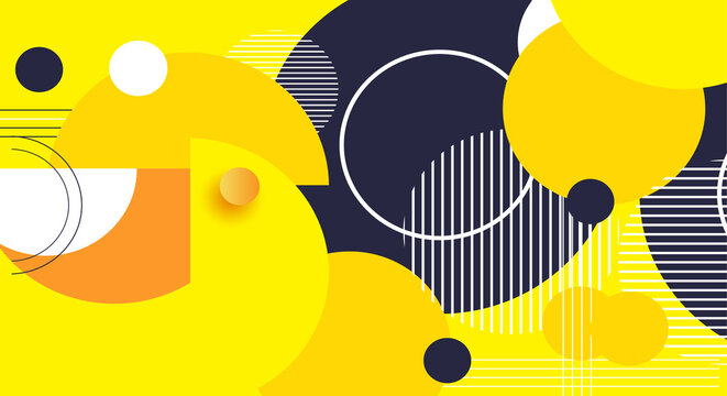 Abstract geometric composition with yellow and dark blue circles featuring white linear patterns and orange shapes for modern backgrounds.