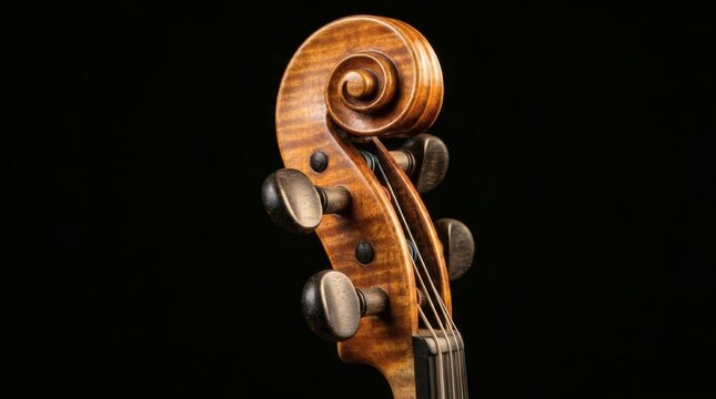 Detailed Wooden Violin Scroll Displayed Against Black Studio Background