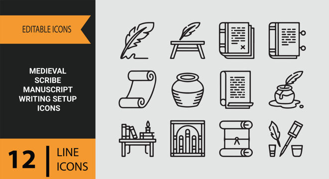 Medieval Scribe Manuscript Writing Collection With Ancient Literary Outline Icons