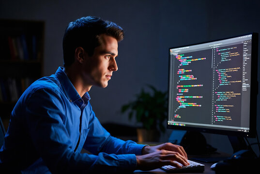 A man is coding at a computer in a dimly lit room.