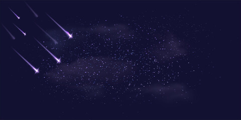 Stunning meteor shower in deep purple night sky with sparkling stars and nebula clouds background. © Laily