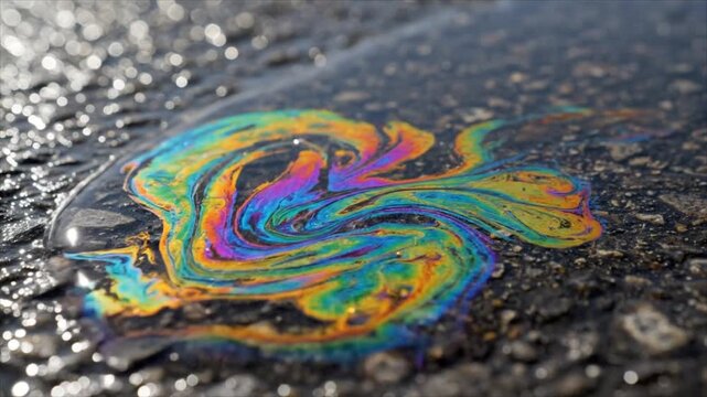 A colorful oil slick forms a swirling pattern on a wet road surface