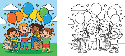 Fototapeta premium Happy Kids Celebrating Prime Day Sale with Balloons and Shopping Bags, Colorful Illustration and Black and White Coloring Page Vector Set for Children's Activity