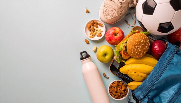 Healthy school lunch box with burger, bananas, apples and nuts next to a soccer ball and water bottle.
