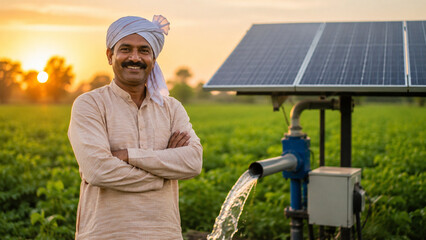 Indian farmer with solar powered water pump for irrigation at sunset
