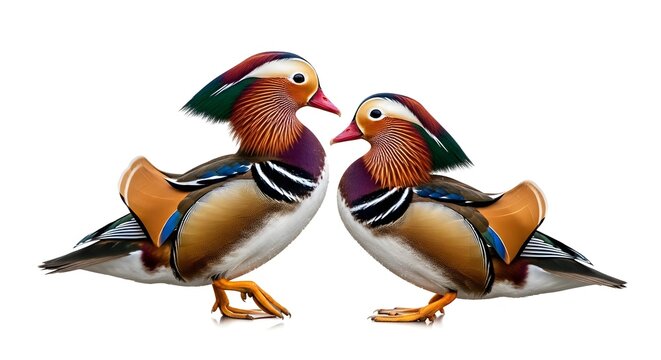 Two Mandarin ducks facing each other with vibrant plumage against a clean white background