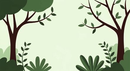 Fototapeta premium Vector flat design illustration of lush green trees and foliage in a serene natural landscape setting
