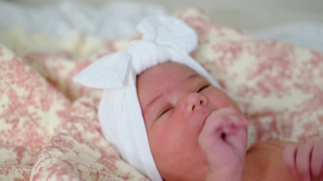 A soft close-up shows a sleepy newborn lying on a pink floral blanket, wearing a white bow headband and touching the cheek. It suits baby care, first portraits, family warmth, and newborn lifestyle.
