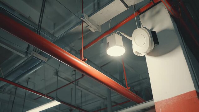 Industrial ceiling with an exposed pipe system, bright lights, metal ventilation shafts, and a fire suppression system presenting a functional and modern facility interior