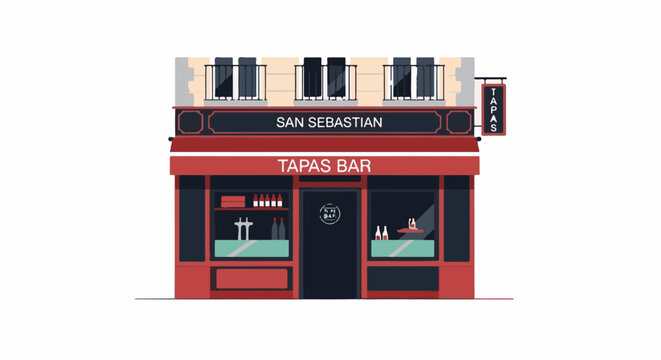 Stylized illustration of a tapas bar storefront with red awning and signage