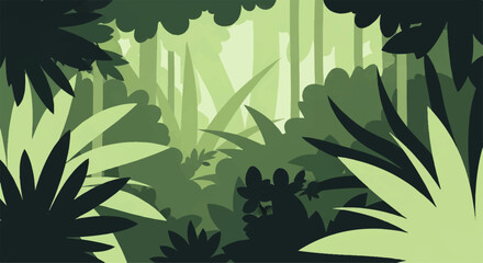 Vibrant vector flat design illustration of a lush green jungle canopy with dense foliage and tropical plants © denigraphic