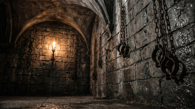 Dark medieval castle dungeon with iron shackles on stone wall and torch light