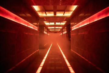 Fototapeta premium A long, red-lit tunnel with illuminated lines leading into the distance.