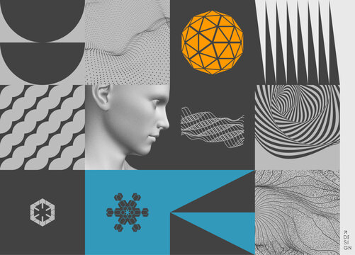 Digital human head. Geometrical pattern. Mosaic. Cover design template. Vector for business presentation, placard, banner, poster, brochure or notebook.v
