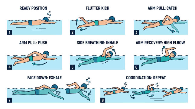Illustrative instructional guide showing the sequential steps for proper freestyle swimming technique in water sport