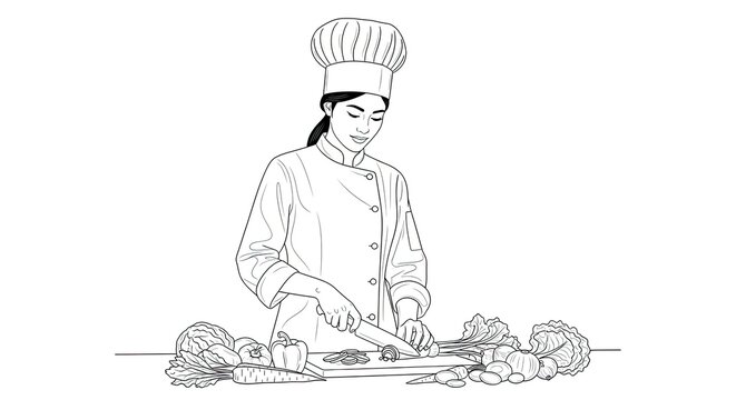 A female chef is skillfully chopping vegetables on a cutting board. She wears a white chef's hat and a black chef's jacket.
