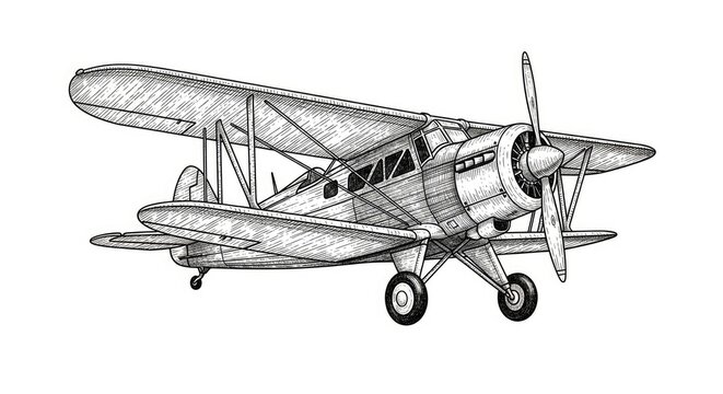 An antique biplane is sketched in black and white. The aircraft features a twin-engine design with a prominent propeller and a distinctive fuselage shape.
