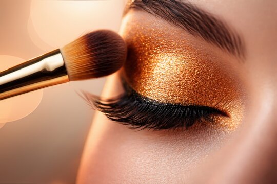 Luxury golden glitter eyeshadow makeup application with professional brush in glamorous beauty style
