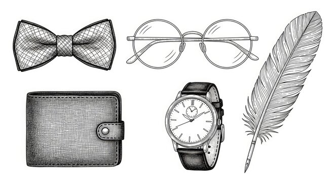A monochrome illustration depicts a collection of gentleman's accessories.