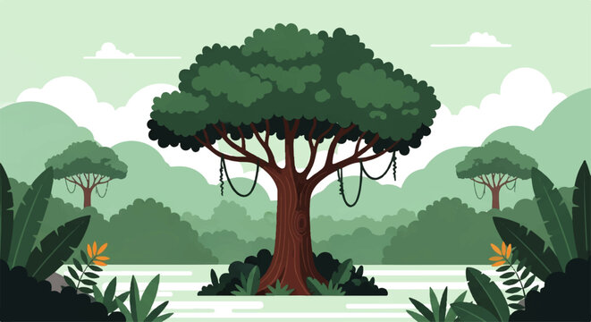 Vector flat design illustration of a lush green jungle landscape with a large tree and hanging vines