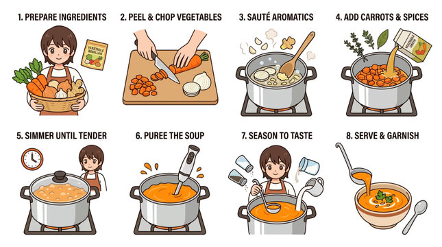 An illustrated instructional guide showing eight simple steps for cooking a delicious homemade vegetable soup