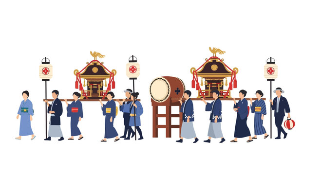Japanese Festival Parade: People in Kimonos Carry Shrine and Drum