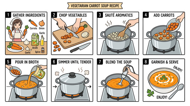 An illustrated instructional guide showing the simple steps for preparing a healthy vegetarian carrot soup