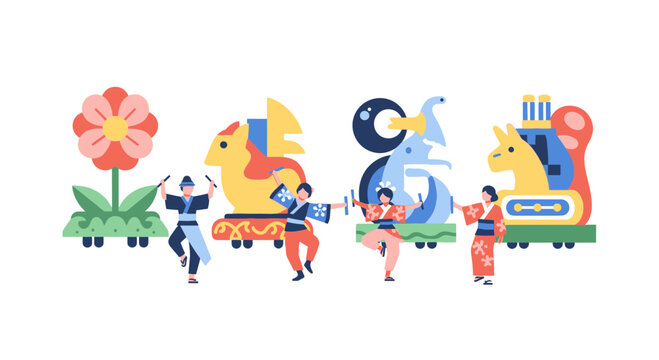 Japanese festival parade with dancers and decorated floats, flat design