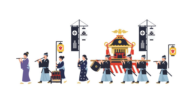 Japanese festival procession with traditional attire and portable shrine