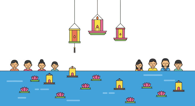 People release floating lanterns and lotus flowers on water under sky lanterns