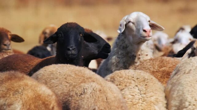 sheep flock grazing in open pasture natural feeding conditions for organic meat production, free range livestock raised in clean rural environment with traditional farming practices