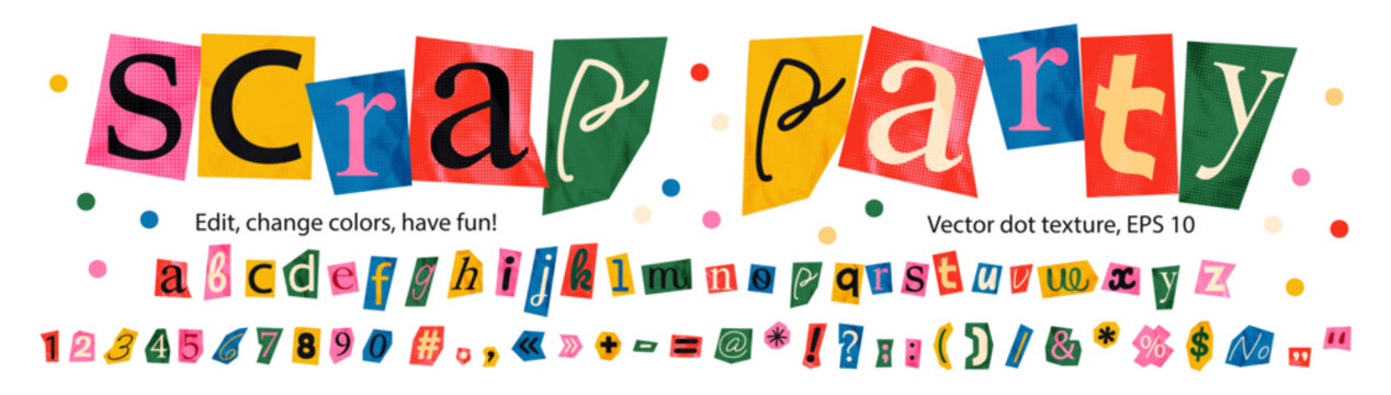 Playful collage font with cut out letters numbers and punctuation marks set. Ransom note style alphabet on colorful halftone crumpled dotted paper, funky elements for scrapbook. Vector illustration