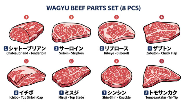 Detailed educational photograph displaying eight distinct cuts of premium Japanese wagyu beef for culinary reference