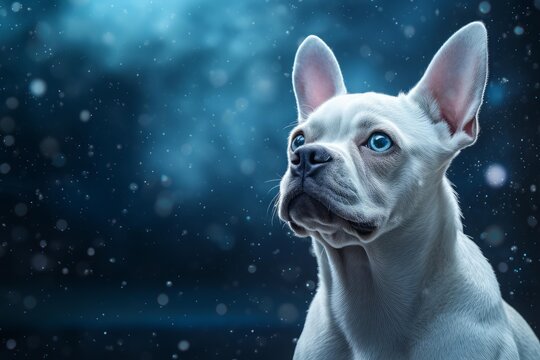 White french bulldog with striking blue eyes looking up at a dark, starry, cosmic background