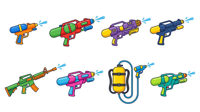 A colorful collection of various plastic water guns shown in this bright digital illustration set