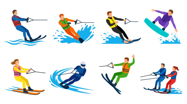 Diverse group of people performing various exciting water skiing and wakeboarding maneuvers on the water