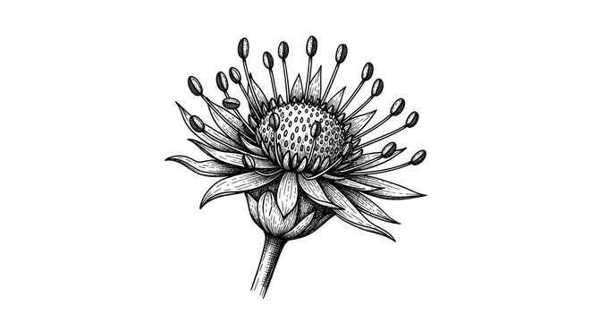 A detailed black and white illustration depicts a blooming flower with a prominent central disk surrounded by numerous delicate, spiky bracts.