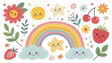 Obraz premium Cute kawaii set of summer elements, rainbow, sun, clouds, strawberry, cherry, flowers and leaves, hand drawn vector illustration