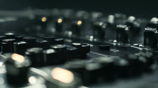 Close up of a dark sound mixing console with rows of knobs, faders and buttons reflecting ambient light, selective focus highlighting tactile controls for studio production