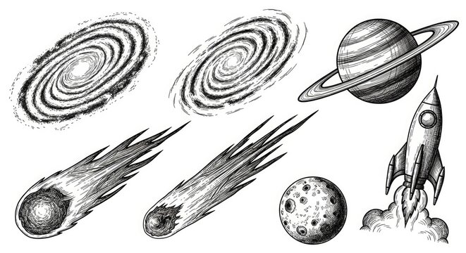 A black and white illustration depicts a swirling galaxy, a planet with rings, a rocket launching, and several comets streaking across the sky.