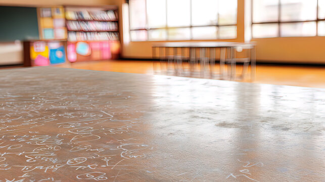 scholarly. Academic surface covered in chalk markings, creating an abstract educational atmosphere with blurred formulas. STEM education sheets.
