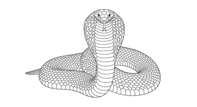 A cobra is coiled in a defensive posture on a white background. The snake displays its hood and fangs, creating a threatening appearance.