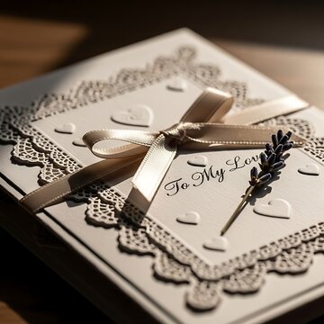 Elegant romantic greeting card decorated with delicate lace edging satin ribbon bow and dried lavender sprig for wedding anniversary or valentines day celebration