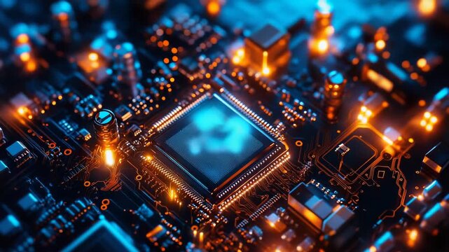 Computer processor unit on a motherboard showing glowing circuits and data flow, symbolizing digital communication, artificial intelligence, and advanced technology
