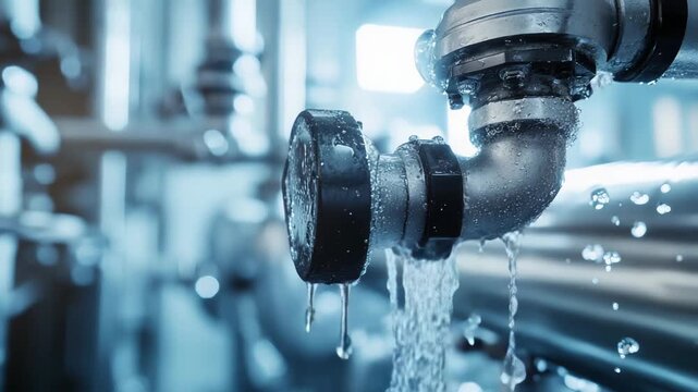 Industrial pipe system leaking water from a fitting, creating splashes and droplets, indicating a problem with the plumbing infrastructure or process facility requiring urgent repair and maintenance