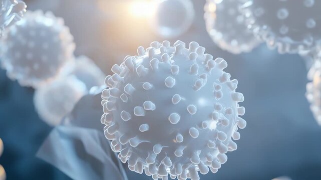 Microscopic bacteria cells multiplying and floating in a blue and white environment, representing health, science, and the immune system attacking an infection at the cellular level