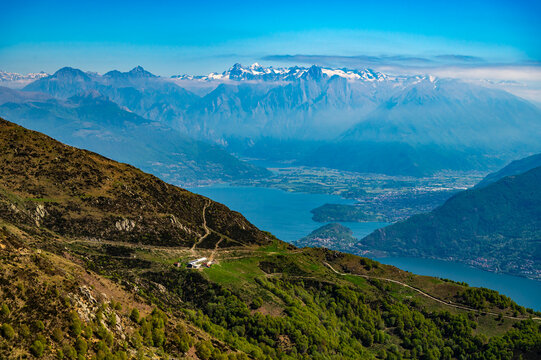 A view of Lake Como, photographed in Plesio, with the panorama, villages, mountains, and the two branches of the lake.