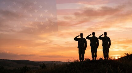 Fototapeta premium American military honor salute at sunset with usa flag overlay for Veterans Day, Memorial Day, Independence Day